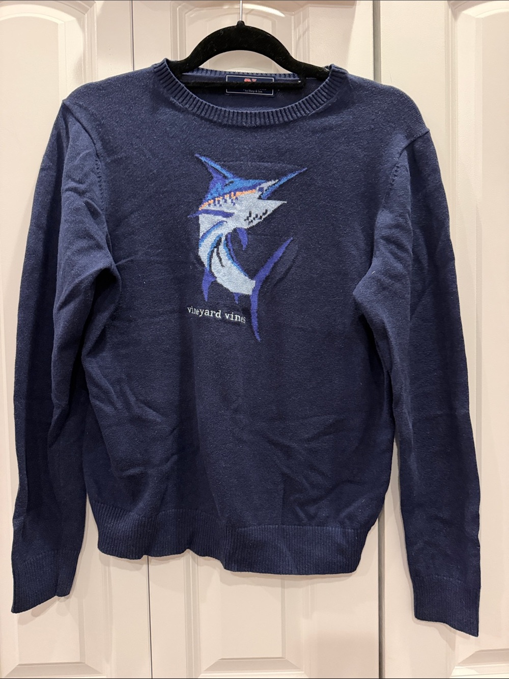 Vineyard Vines Navy Crewneck Sweater with Multicolor Marlin